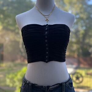 Forever 21 Black Ruched Tube Top Strapless Snap Front Crop Y2K Going Out XS